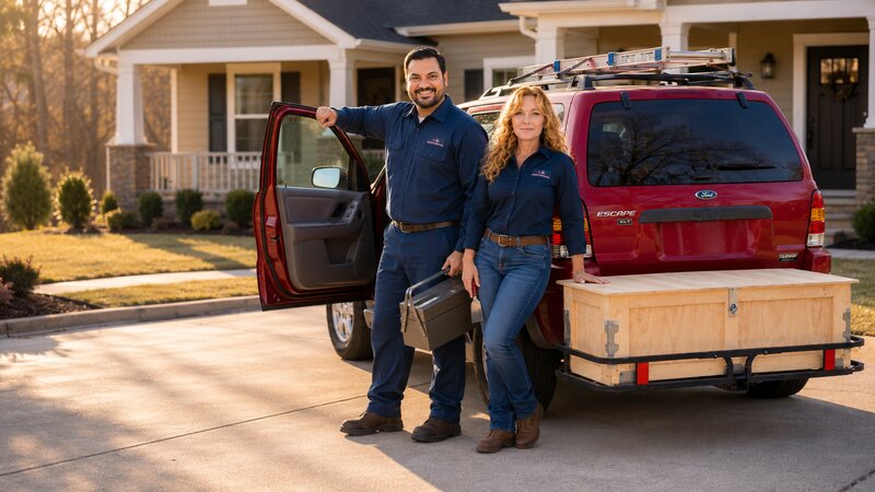 Two uniformed handyman team members beside their red work SUV with a ladder and tool chest